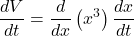 \displaystyle \frac{{dV}}{{dt}}=\frac{d}{{dx}}\left( {{{x}^{3}}} \right)\frac{{dx}}{{dt}}