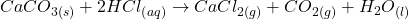\displaystyle CaC{{O}_{{3\left( s \right)}}}+2HC{{l}_{{\left( {aq} \right)}}}\to CaC{{l}_{{2\left( g \right)}}}+C{{O}_{{2\left( g \right)}}}+{{H}_{2}}{{O}_{{\left( l \right)}}}
