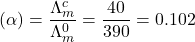 \displaystyle \left( \alpha \right)=\frac{{\Lambda _{m}^{c}}}{{\Lambda _{m}^{0}}}=\frac{{40}}{{390}}=0.102