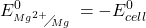 \displaystyle E_{{{}^{{M{{g}^{{2+}}}}}\!\!\diagup\!\!{}_{{Mg}}\;}}^{0}=-E_{{cell}}^{0}